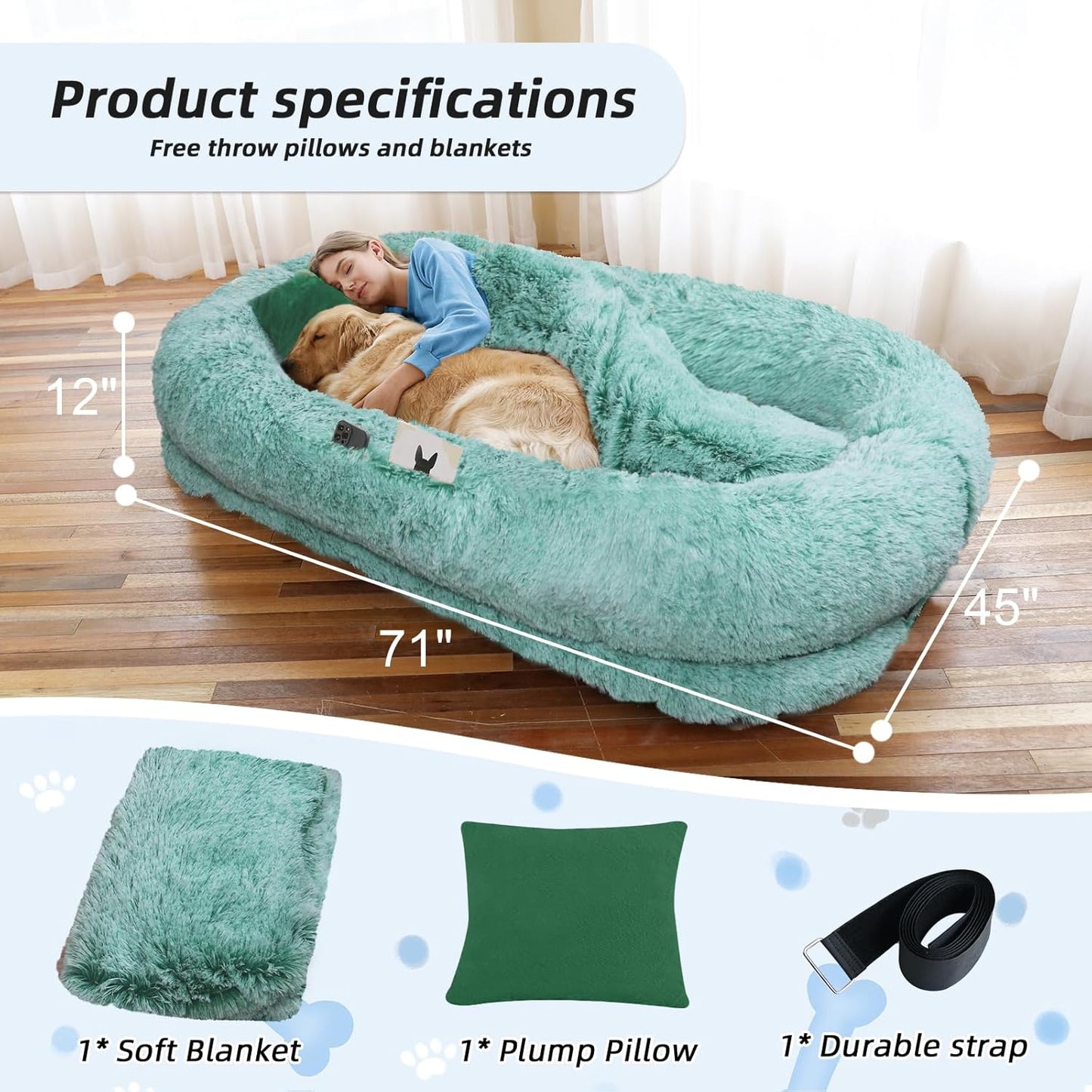 Human Dog Bed, 71''x45''x12'' Size Fits You and Pets, Washable Faux Fur Pet Bed for People Doze Off, Napping Orthopedic Dog Bed, Present Plump Pillow, Blanket, Strap - GreenWhite