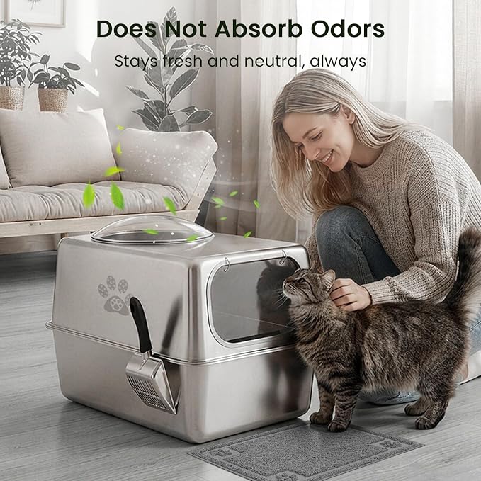 Ptlom Enclosed Stainless Steel Cat Litter Box with Lid, Extra Large Metal Litter Box, Leak-Proof High Sided Covered Litter Box for Kitties & Multi Cats, Non-Stick, Includes Litter Mat & Scoop