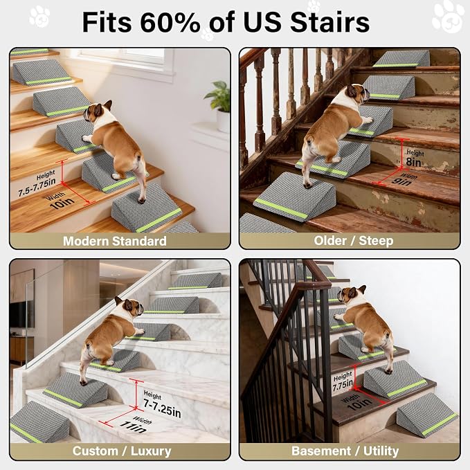 JoyBlooms Upgraded Dog Ramp for Stairs for Small & Senior Dogs Cats, 40D Density Foam Gentle 30° Slope Non-Slip Dog Stair Ramp with Glow Strip, Pet Ramp with Removable Washable Cover, Gray-6pcs