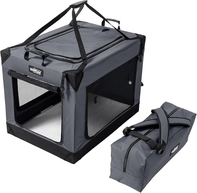 EliteField 4-Door Folding Soft Dog Crate (2-Year Warranty) with Aluminum Frame, Top Curtain, Carrying Bag, and Fleece Bed, Indoor & Outdoor Pet Home (36" L x 25" W x 26" H, Gray)