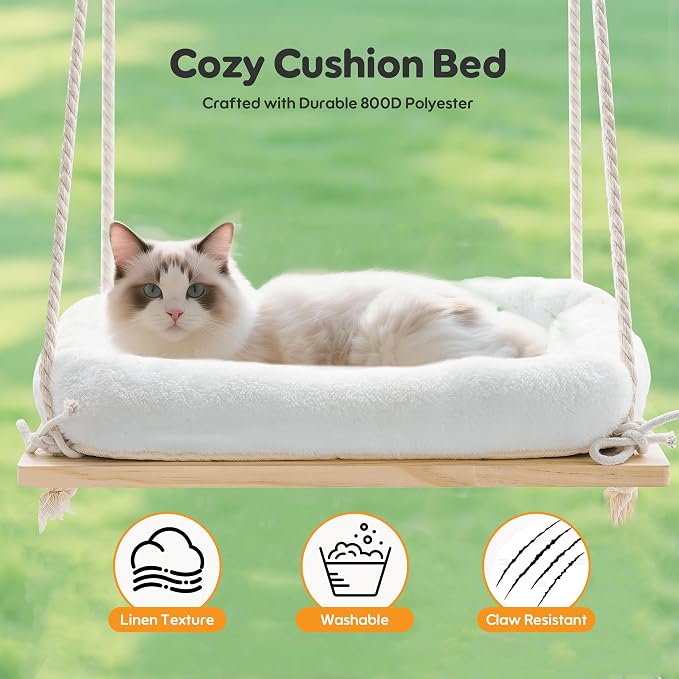 Cat Window Perch, Window Hammock for Cats with Solid Wood Seat 4 Heavy Duty Suction Cups, Plush Cushion, Indoor Cat Bed