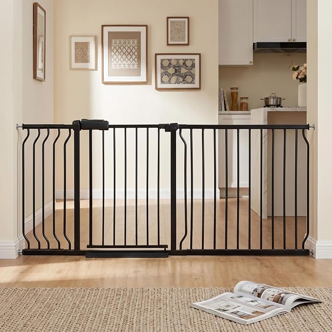 Extra Wide Baby Gate 67-71.5" Dog Gate for Doorways, Pressure Mounted No Drill Safety Gate for Kitchen, Hallways, White/Black Metal Pet Gate for Dogs