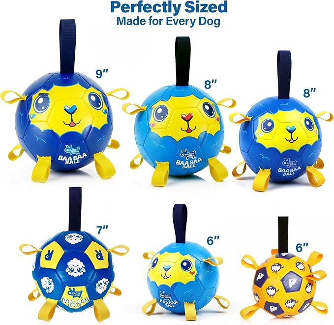 Race&Herd 8" Jolly Soccer Ball for Dogs - Tough Durable Dog Ball Toy with Straps, Pet Bouncy Herding Ball, Floating Dog Ball with Tags for Water Fetch, BaaBaaBall (Ocean)