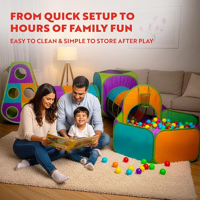 Playz 5-Piece Kids Pop up Play Tent Crawl Tunnel and Ball Pit with Basketball Hoop Playhouse for Boys, Girls, Babies, and Toddlers (Purple, Orange, Yellow, Red, Blue)
