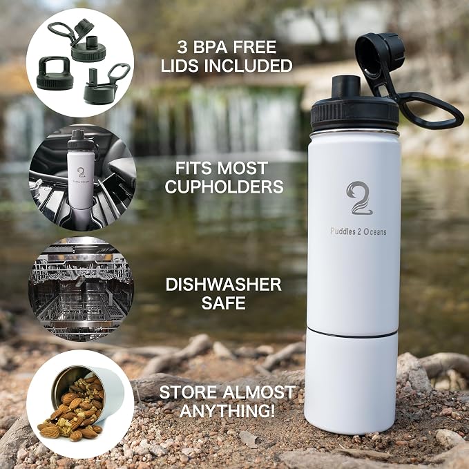 Insulated Water Bottle & Snack Container - Stainless Steel Water Bottle with Storage Compartment, 3 Lid Types BPA Free, Leak & Spill Proof Travel Bottle for Kids & Adults - Snack and Drink Cup
