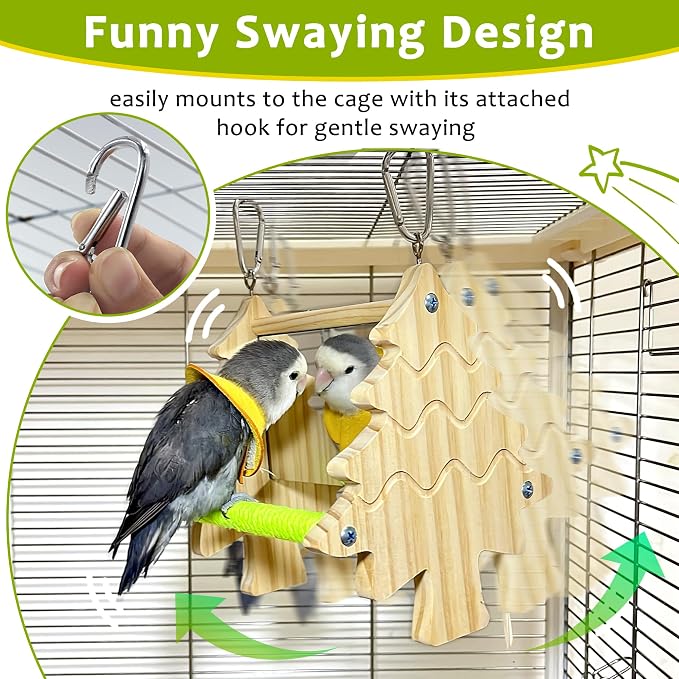 2PCS Natural Wood Bird Spinner Toys & Mirror Perch Set - Chewing Hanging Toys with 2-Sided Mirrors for Cockatiel, Conure, Lovebird, Budgie, Quaker