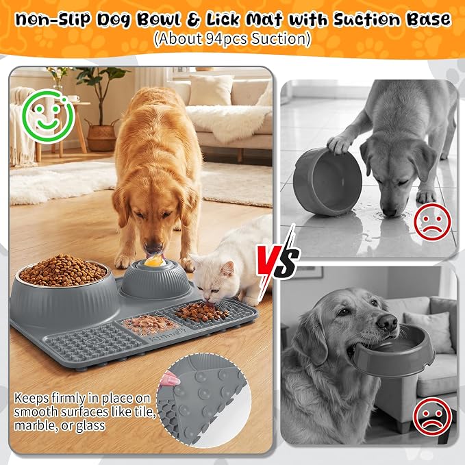Dog Lick Bowl with Rolling Ball for Liquid and Thick Treat—3 in 1 Slow Feeder Dog Bowls+Lick Mat+50oz Stainless Steel Food Bowl,Anti-Slip 5/6 Cup Licking Toy for Medium Large Dogs and Cats Grey