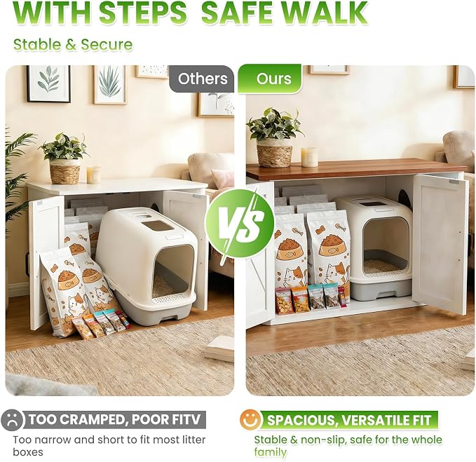 Modern Wooden Cat Litter Box Enclosure, Hidden Washroom Cabinet with Double Doors and Side Entry, Large Cat House End Table, Easy-Clean Sturdy Furniture