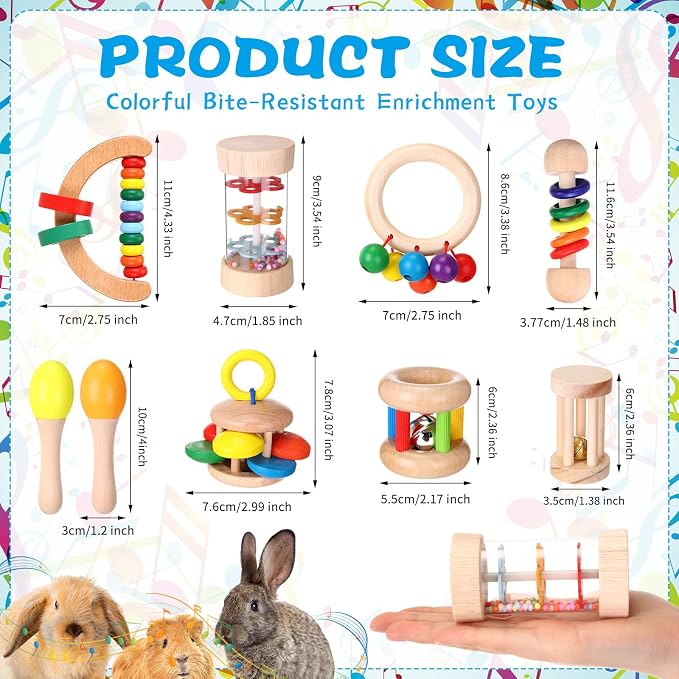 Halloscume 9 Pcs Wooden Bunny Toys, Rabbit Toys for Bunnies Boredom, Safe Rabbit Toy, Multi Colored Teeth Grinding Toy for Chinchillas Hamsters Small Animals Playing Indoor Outdoor Bunny Gifts