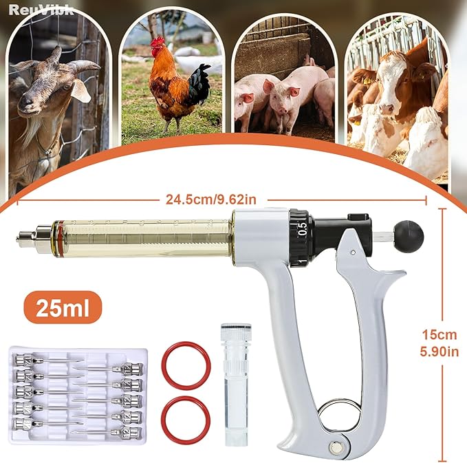 25ml Semi-Auto Repeating Livestock Syringe Gun, 5 Dose Settings | Ergonomic Grip, Clear Barrel & Luer Lock, Vet Injector for Cattle, Horses, Goats, Sheep & Pigs