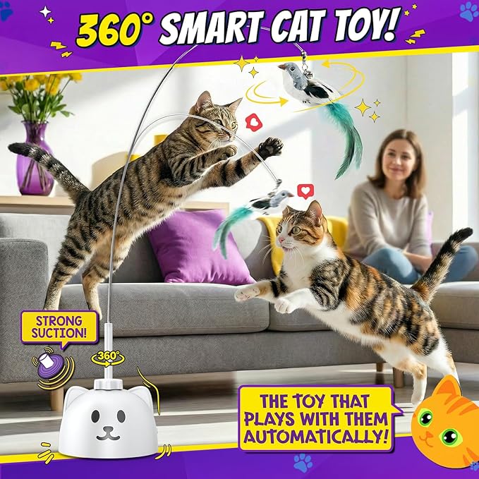 Interactive Cat Toys for Indoor Cats, Automatic Flying Bird Cat Toy with 360° Feather Wand, Strong 8cm Suction Cup, USB Rechargeable Self-Play Cat Toy for Bored Kittens & Adult Cats