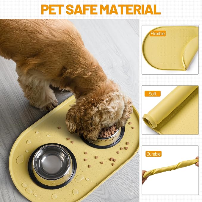 Hubulk 100% Waterproof Silicone Pet Feeding Mat with Raised Edge for Food and Water, Dog Bowl Mats, Cat Bowls Placemat with High Lip Protects Floor for Cats and Dogs (Yellow, 16" L x 10" W)