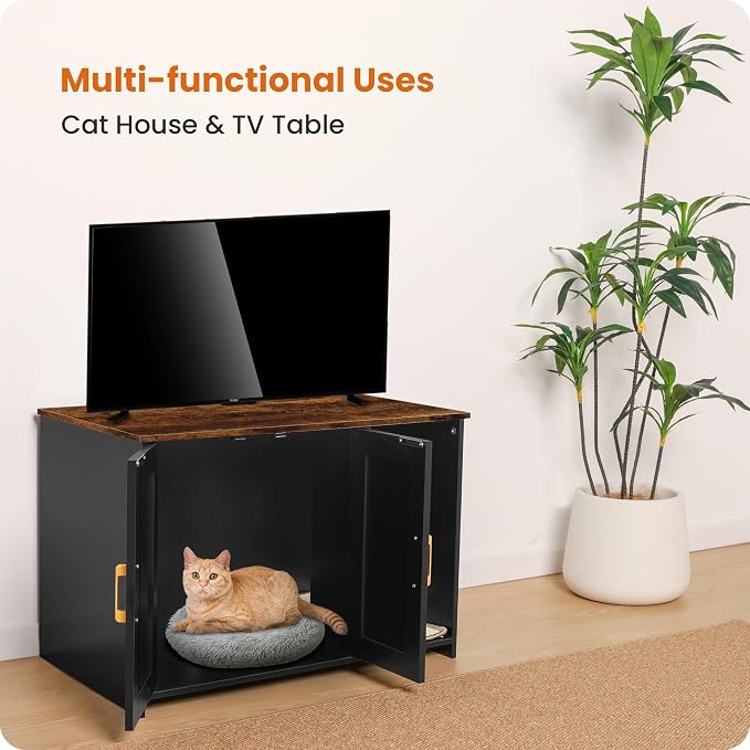 DWANTON Litter Box Enclosure, Cat Litter Box Furniture Hidden, with Scratching Mat, Wooden Cat Washroom Indoor, 31.5" L x 19.7" W x 21.7" H, Black and Rustic Brown