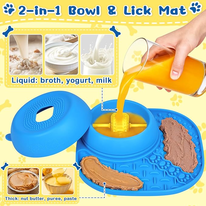 Dog Licking Bowl with Rolling Ball - 2-in-1 Anti-Slip Slow Feeder Dog Bowls w/Lick Mat for Liquid and Thick Treat, 150ml Licking Bowl for Anxiety Relief, Fits Small Medium Large Dogs & Cats Blue 1Pcs