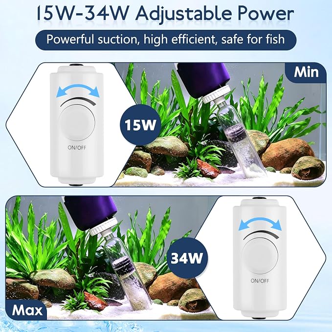 AQQA 600GPH Electric Aquarium Gravel Cleaner, 6-in-1 Automatic Fish Tank Vacuum Cleaner & Water Changer with Stainless Steel Handle & 3-Stage Filter Cup for Turtle Tanks, Adjustable Flow 34W