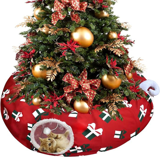 Cat Tunnel Bed Under Christmas Tree 3FT x 3FT x 9.8IN - Decorative Christmas Style with Box Patterns - Red Color Perfect for Festive Felines Small Animals