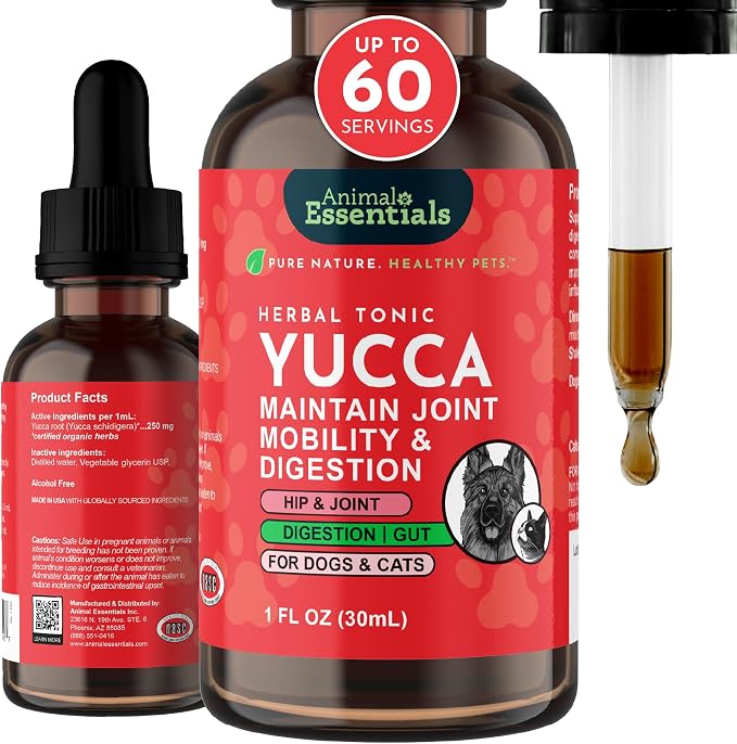 Animal Essentials Yucca - Hip and Joint Yucca Root Supplement for Dogs & Cats, Liquid Herbal Care Drops for Senior Dogs & Older Pets, Bowel & Immune Support, Antioxidant Boost - 1 fl oz