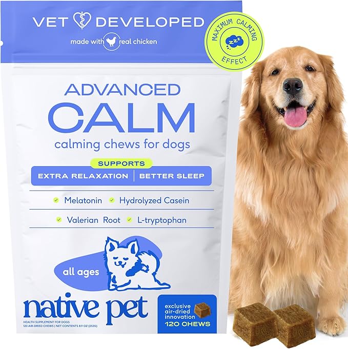 Native Pet Advanced Calming Chews for Dogs - Anxiety Relief, Stress, Separation, Travel & Sleep Support with Melatonin for Dogs, Hydrolyzed Casein, Valerian Root & L-Tryptophan -120 Chews