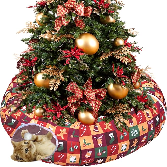 Cat Tunnel Bed in 3FT x 3FT x 9.8IN - Christmas Style with Star, Snowflakes, Socks, Reindeer, Gingerbread People, Balloons, Bell & Candy Patterns - Red Color Perfect for Festive Felines