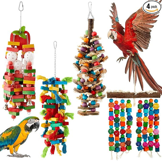 Seenelling 4 Pcs Extra Large Bird Parrot Toy Multicolored Natural Wooden Parrot Cage Chewing Toys for Large Medium Macaws Cockatoos African Grey Birds (Block and Ball)