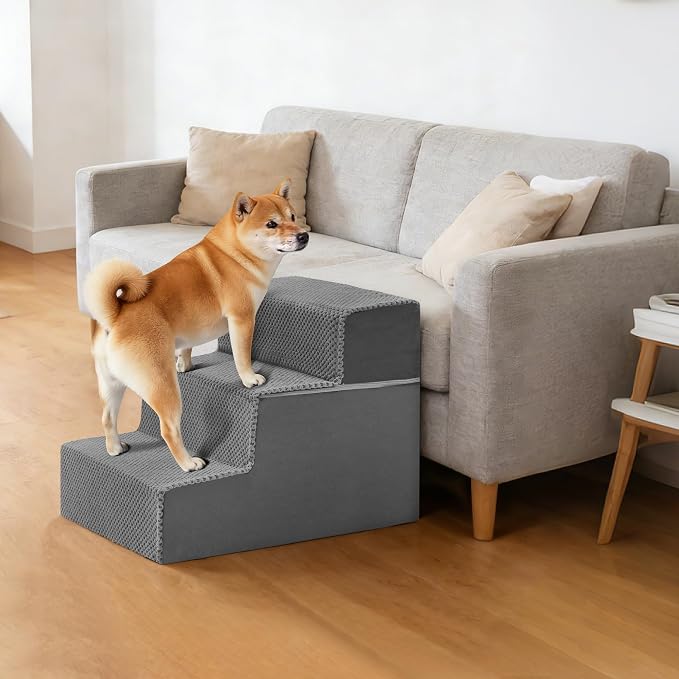 3-Step Dog Stairs for Small Dogs and Cats, 14" H Dog Steps for Couch, Sofa, Chair, Non-Slip Sturdy Pet Steps, Pet Ramp for High Bed Indoor, Grey