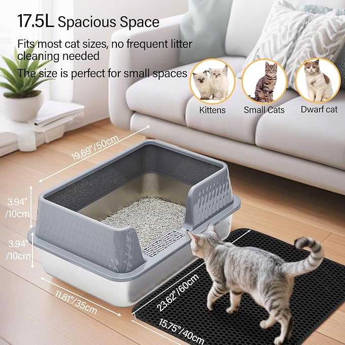 Stainless Steel Litter Box with Lid Cover Mats Scooper, Kitten Litter Box Low Entry, Suitable for Small Space Senior Cats, Side Entry, Grey Enclosure