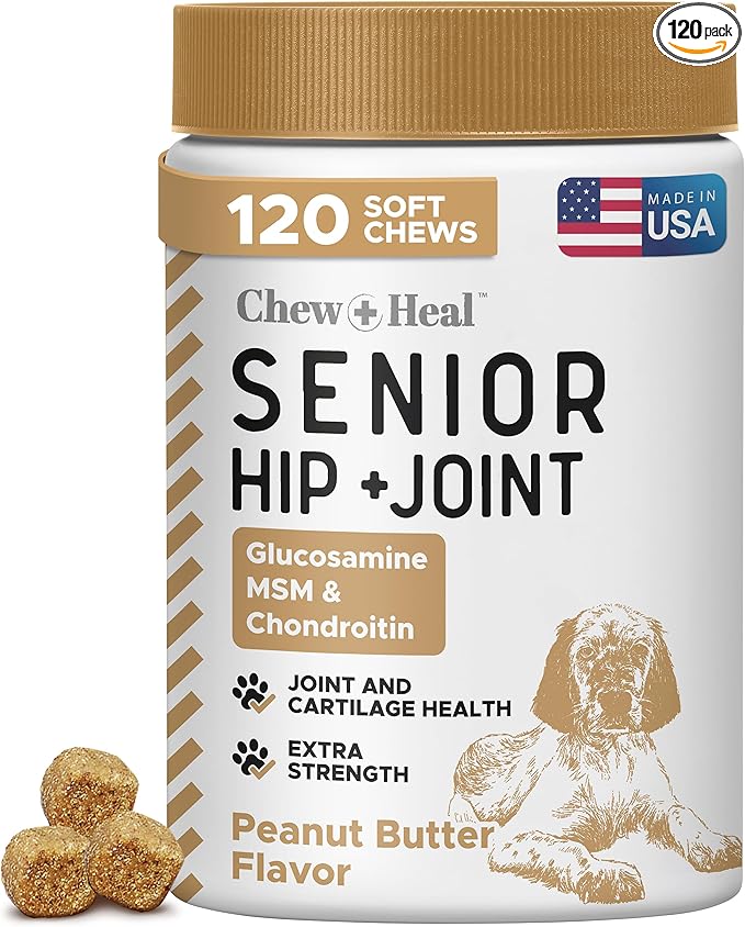 Glucosamine for Dogs Hip and Joint Supplement - 120 Soft Chews for Senior Dogs with Glucosamine, Chondroitin, MSM, and Omegas - For Mobility, Cartilage, and Joint Health - Peanut Butter Flavor
