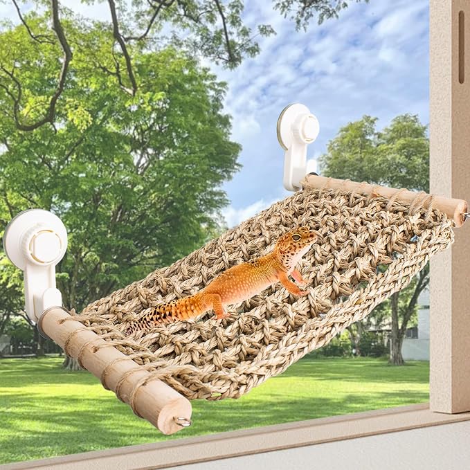FlidRunest 13.3 x 7.8 in Seagrass Bearded Dragon Hammock for Window, Lizard Window Perch, Reptile Hammock Perch with Powerful Suction Cups for Lizard, Leopard Gecko, Chameleon