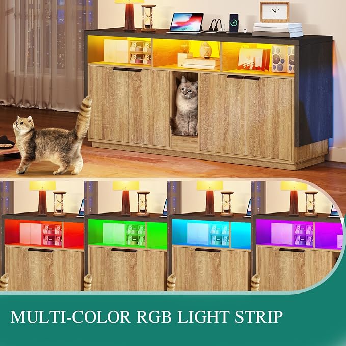 YITAHOME Double Hidden Cat Litter Box Enclosure with Power Outlet & LED Light, 60 Inch Dual Kitty Litter Box TV Stand Furniture for 2 Cats, Wooden Cat Cabinet for Indoor Cats, Grey Oak