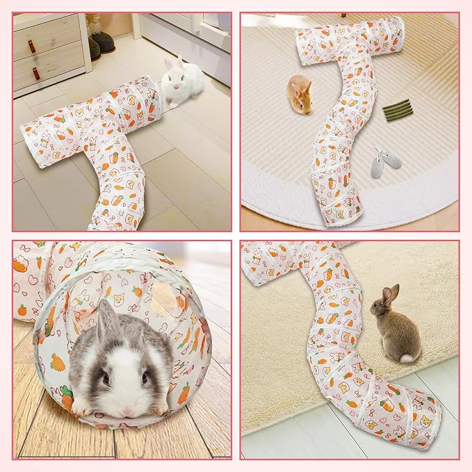 PINVNBY Large Rabbit Tunnel，Collapsible Rabbit Tunnels for Indoor Bunnies Bunny Hideout with 5 Types of Chewing Toys for Ferret Kitten Small Animals (T Shape)