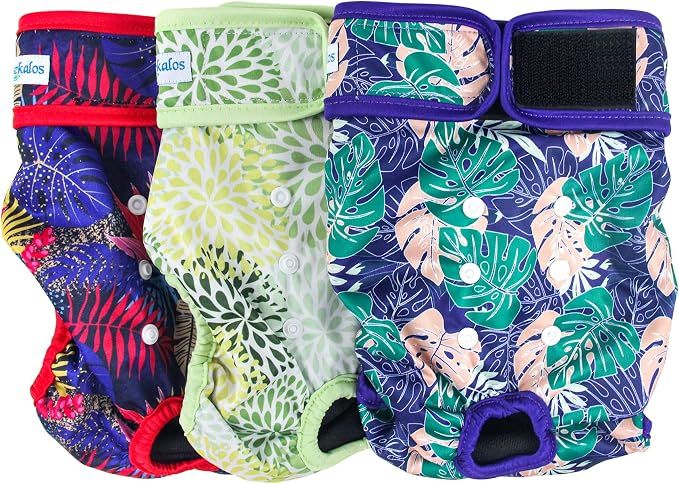 Leekalos Reusable Washable Dog Diapers Female (3 Pack) - Highly Absorbent Doggie Diapers - Size Adjustable Puppy Diapers for Dog Period Panties (Medium, Leaves)