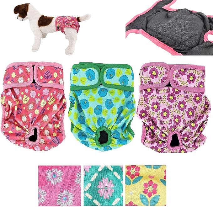 Pack of 3 Female Dog Diapers with 4 - Layers of Absorbent Pads Cat Panties Waterproof Leak Proof Washable (M: Waist 16" - 20", Flowers Pattern)