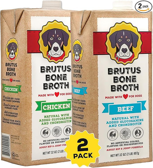 Brutus Chicken Broth Liquid for Dogs - All Natural Chicken Bone Broth for Dogs with Chondroitin Glucosamine Turmeric -Human Grade Dog Food Toppers for Picky Eaters & Dry Food -Tasty & Nutritious