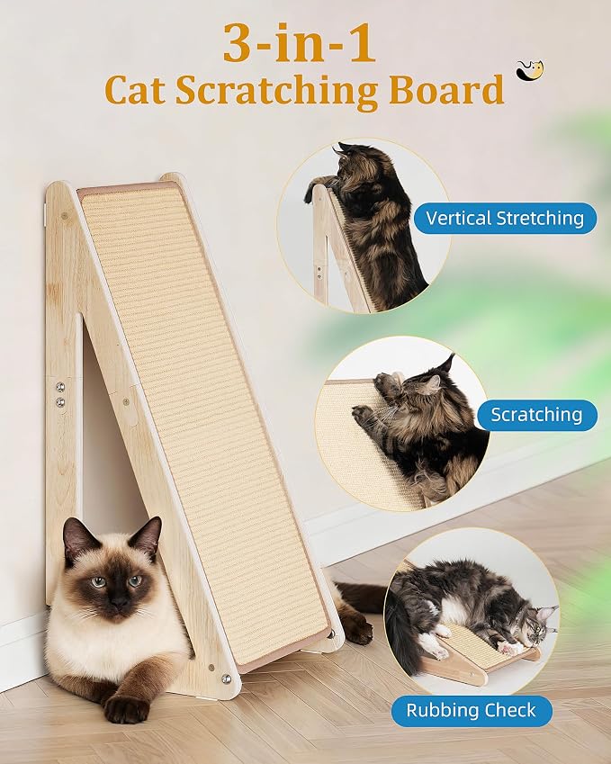 Aechonow 26.4'' Sisal Cat Scratcher Ramp for Indoor Cats, Vertical Scratching Pad for Large Cats, Wooden Cat Furniture