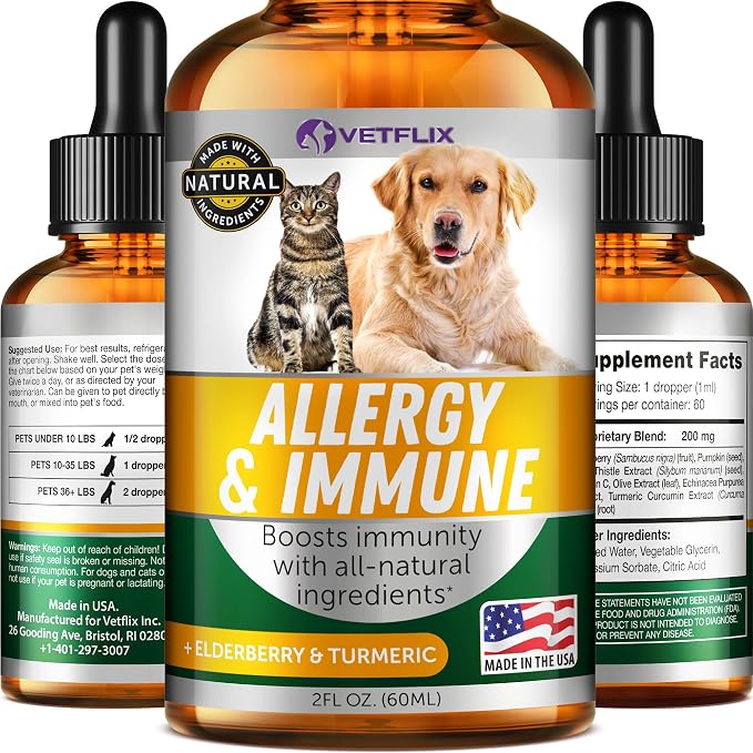 Allergy and Immune Liquid for Dogs, Cats, Puppies and Kittens, 2 Fl Oz | Natural Liquid Supplement, Turmeric and Milk Thistle, Seasonal Allergy Relief, Immune Support