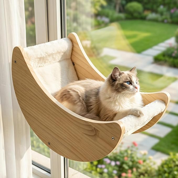Cat Window Bed with Detachable Soft Cushion, Suction Cup Mounted Cat Window Perch, Solid Wood Window Hammock for Cats Inside, Indoor Resting Seat, White Cushion