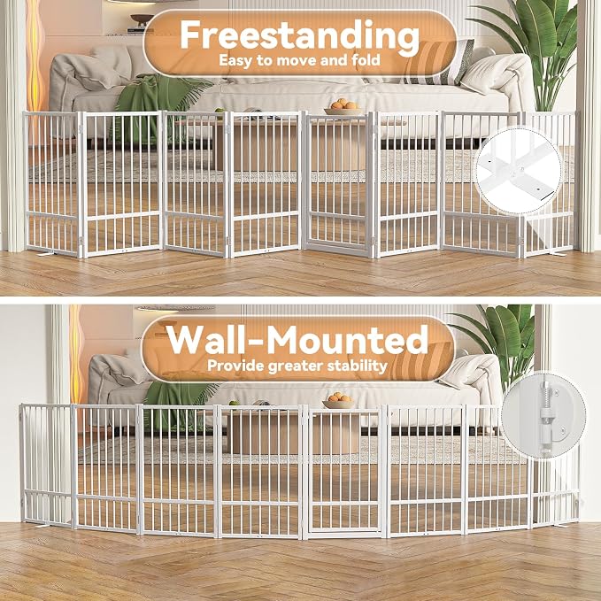 SNUOWU Full Metal Freestanding Dog Gate with Door, 32''Height Foldable Pet Dog Fence for Indoor & Outdoor, 8 Panels Extra Wide Free Standing TallDog Gates for Doorways,House,Stairs,Porch,Deck,Yard