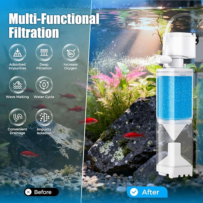 Vehipa Aquarium Filter, Internal Fish Tank Filters for 10-20 Gallon Aquariums, Adjustable Flow & Wavemaker, Isolate Impurities, Ultra-Quiet Water Circulation