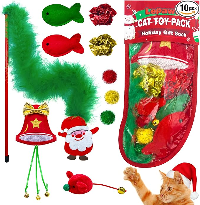 Cat Christmas Stocking, 10 Pack Christmas Cat Toys for Indoor Cats, Includes Catnip Toys, Balls and Feather Toys, Great Value