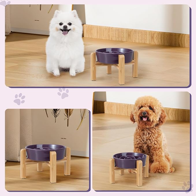 Elevated Slow Feeder Dog Bowl - Ceramic Maze Food Dish with Bamboo Stand - Raised Feeding Bowl for Fast Eaters - Ideal for Small and Medium Dogs - Purple - 6.7 inch