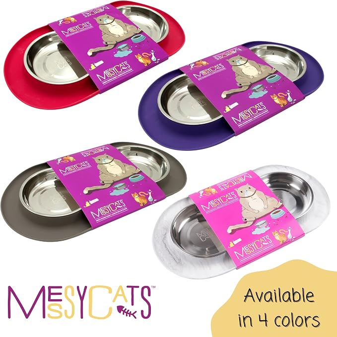 Messy Cats Double Silicone Feeder with Stainless Saucer Shaped Bowl | Anti-Slip Non-Skid Cat Food Bowls | Two Cat Bowls in Feeding/Water Station | 1.75 Cups per Bowl (Watermelon)