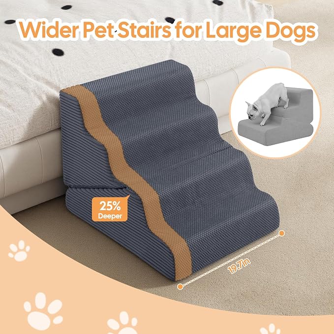 Dog Ramp for Bed, Extra Wide 20" Width Dog Stairs for High Bed, 2 in 1 Pet Steps for Small Dogs, 4-Step Foldable Transformable Large Cats Ramp to Get on Couch, Non-Slip Balanced, Grey