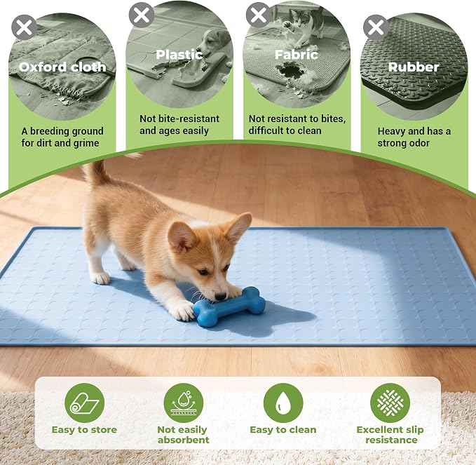 Extra Large 34x22 Inch Machine Washable Silicone Pet Food Mat - Waterproof Dog & Cat Bowl Mat with Raised Edge, Non-Slip Floor Protector for Large Dogs, Multi-Pet Homes (Blue)