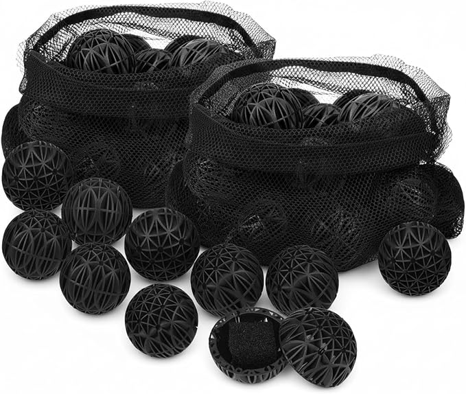 VIHOSE 50 Count 3 Inch Black Large Bio Balls Media Filter Durable Fish Pond Filter Media with Sponge Biological Filtration Mediums for Pond Aquarium Fish Tanks Filters with 12" x 16" Mesh Bag