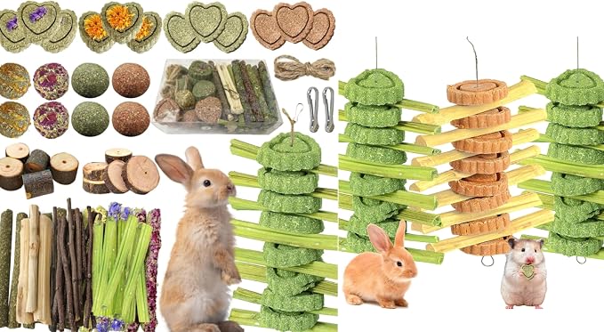 DIY Rabbit Chew Toys,Rabbit Toy for Bunnies Boredom Bunny Toys for Teeth, Timothy Stick, Apple Sticks, Sweet Bamboo, for Guinea Pig, Hamster, Chinchilla, Rat, Small Animals