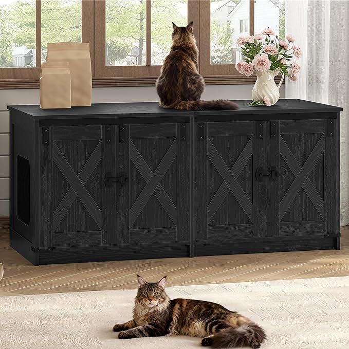 Hzuaneri Cat Litter Box Enclosure for 2 Cats, Hidden Litter Box Furniture Cabinet with Double Room, Indoor Cat House, Farmhouse Style, 46.7 x 18.9 x 21.1 Inches, Black CB85304X