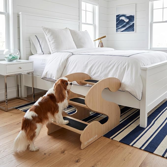 Wood Dog Stairs for Bed and Sofa (YellowMapleGrainPatten) | 3-Step Small Senior Pet 23¼ D x 16¾" W x 19⅜ H,Trainer-Recommended Wood Ramp Steps