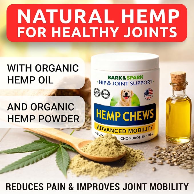 Hemp Hip & Joint Supplement for Dogs - Glucosamine for Dogs - Dog Joint Pain Relief Treats - Chondroitin, MSM - Mobility & Flexibility Support - Advanced Joint Care & Health - Made in USA (180Ct)