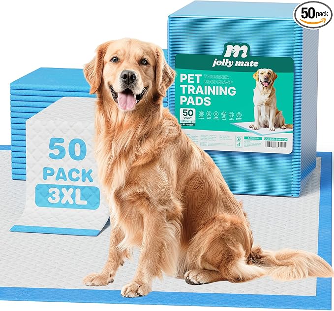 JollyMate Dog Pee Pads Extra Large 36"x36", 50 Pack 3X-Large Super Absorbent Pet Training Pads with Adhesive Tabs, 6 Layers Thick Leak-Proof Potty Pads for Dogs and Puppies