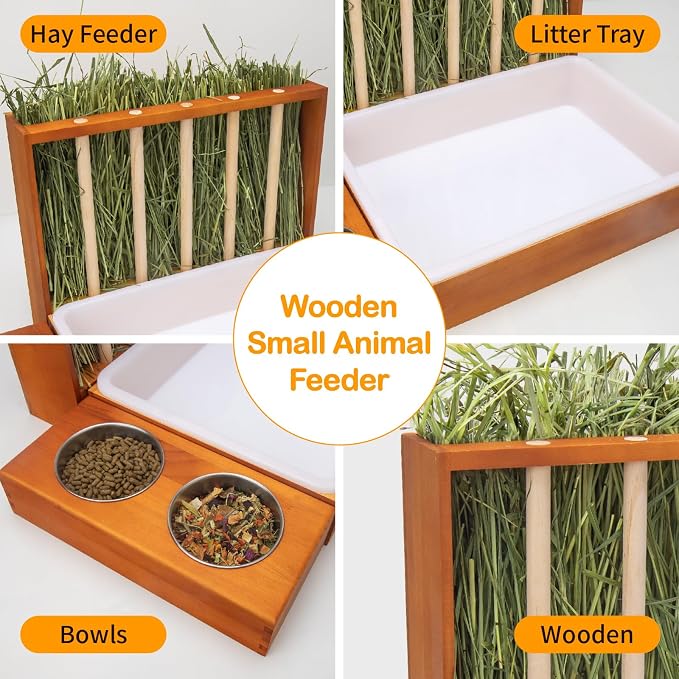 BESNEW 3-in-1 Rabbit Hay Feeder with Litter Box,Upgraded Rot Resistant Rreatment Wooden Hay Feeder with 2 Bowls & Litter Box for Guinea Pigs,Chinchillas,Rabbits & Other Small Animals,Waste Prevention